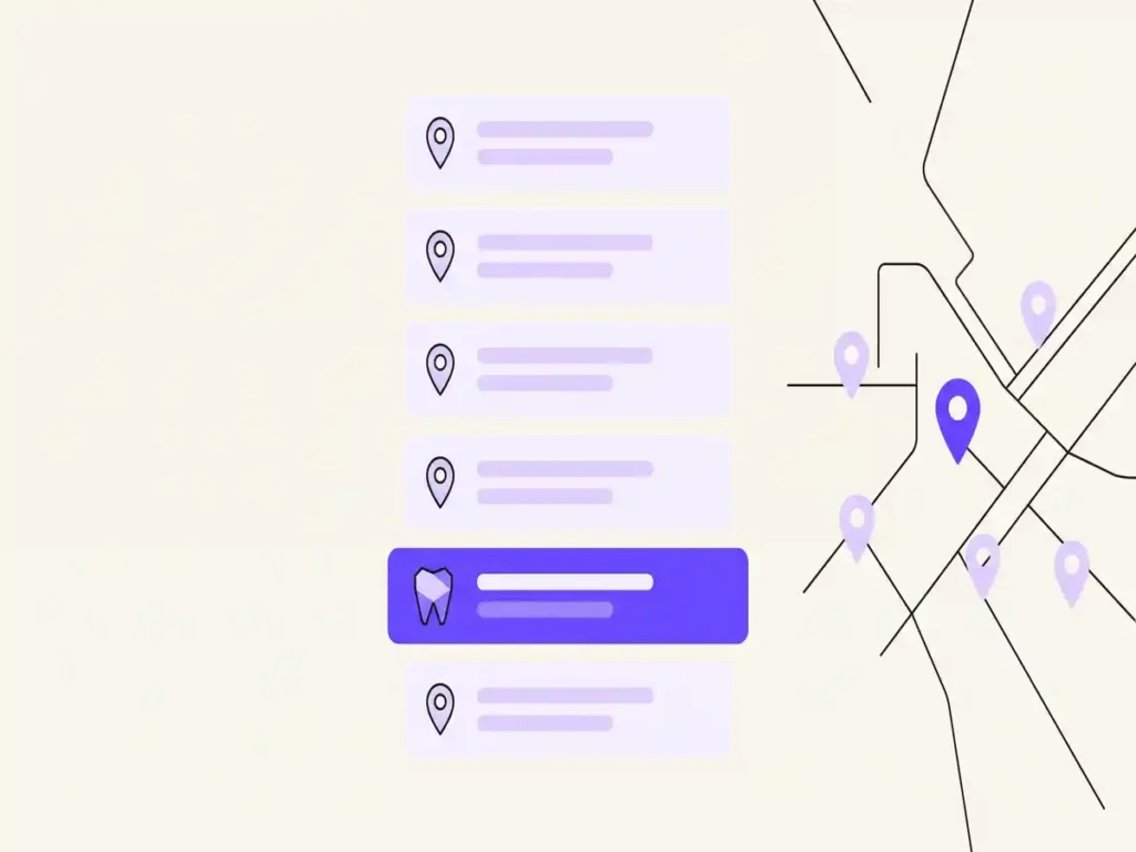 Ilustración de una página de resultados de Google donde la mayoría de posiciones son fichas de mapa y solo una corresponde a la web de una clínica dental